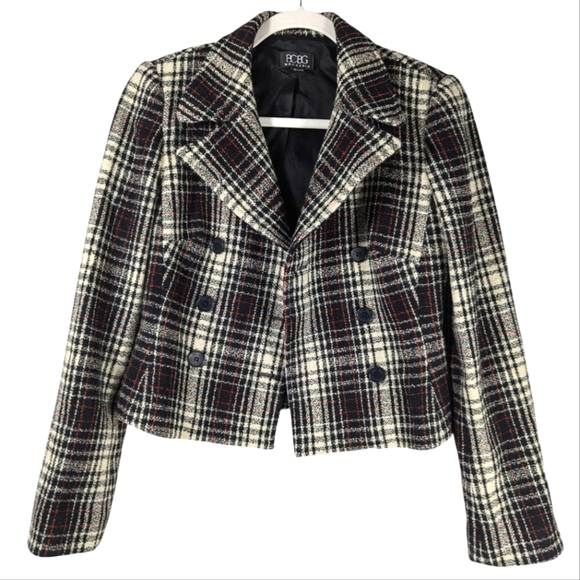Vintage BCBG Max Azria Wool Blend Plaid Cropped Double Breasted Blazer 2 - Picture 8 of 14